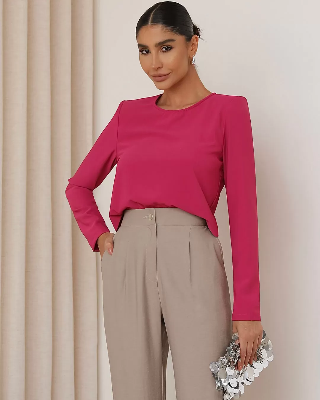 Miss Misses - Miss Misses Crepe Long Sleeve Shirt Pink Shoulder - 54273ROSA Miss Misses - Miss Misses Crepe Long Sleeve Shirt Pink Shoulder - 54273ROSA