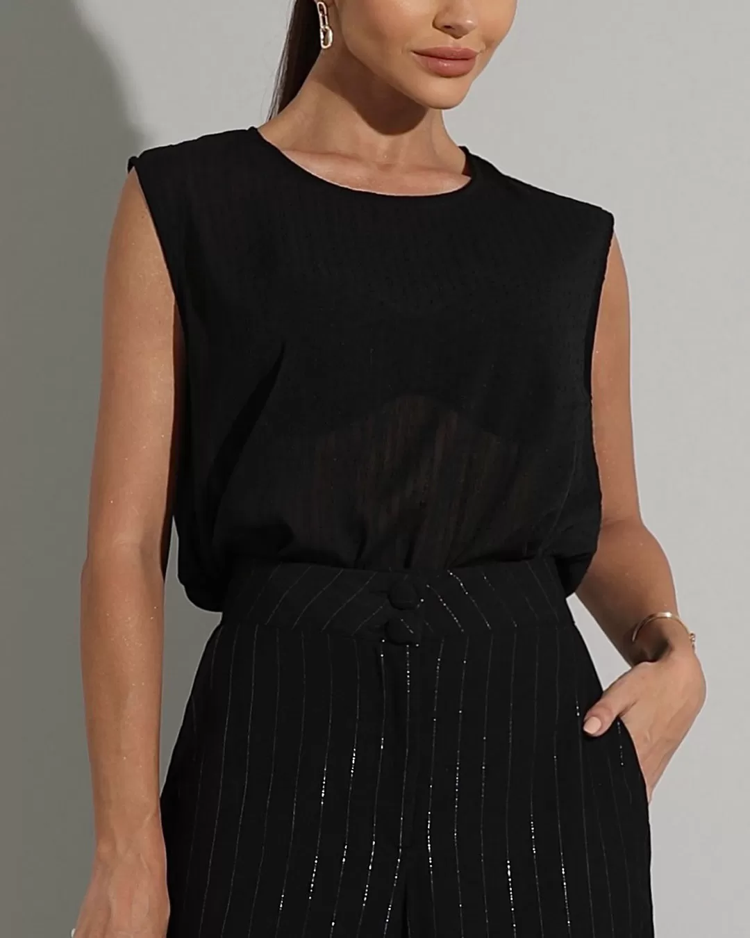 Miss Misses - Shirt Miss Misses Tank Shirt With Black Chiffon Button - 54240PRETO Miss Misses - Shirt Miss Misses Tank Shirt With Black Chiffon Button - 54240PRETO