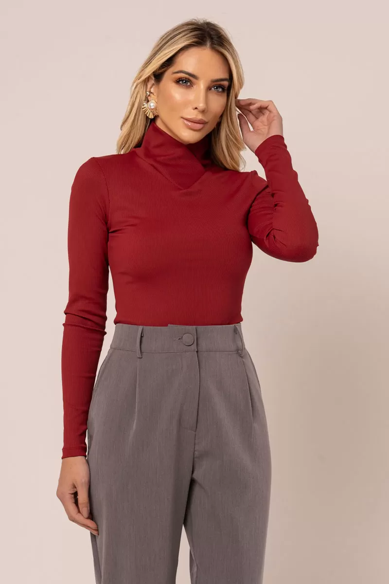 Miss Misses - Miss Misses Ribbed Shirt Long Sleeve High Neck Maple - 54277BORDO Miss Misses - Miss Misses Ribbed Shirt Long Sleeve High Neck Maple - 54277BORDO