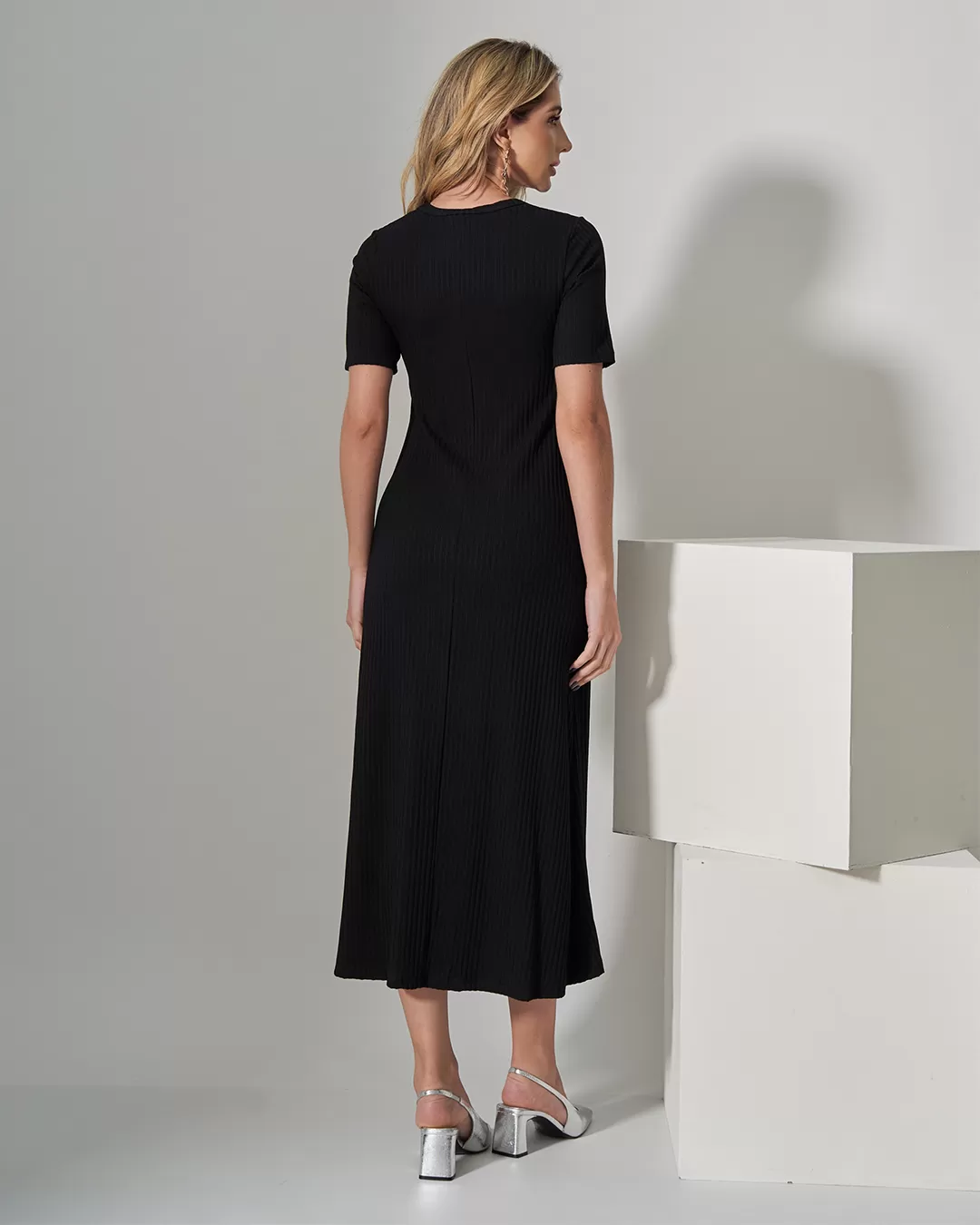 Miss Misses - Dress Miss Misses Midi Ribbed Square Collar Black - 54316PRETO Miss Misses - Dress Miss Misses Midi Ribbed Square Collar Black - 54316PRETO