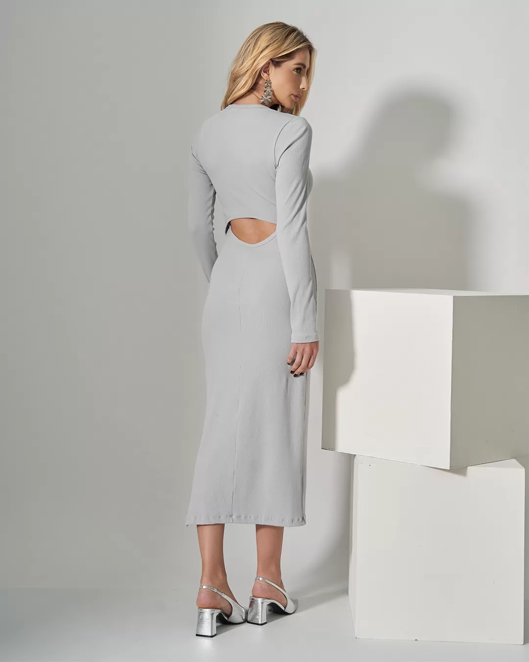 Miss Misses - Miss Misses Ribbed Dress with Open Back Gray - 54326CINZA Miss Misses - Miss Misses Ribbed Dress with Open Back Gray - 54326CINZA