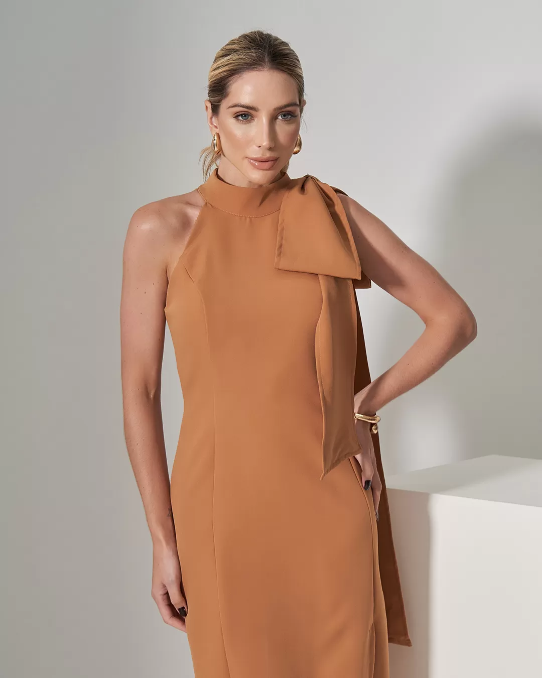 Miss Misses - Miss Misses Midi Dress With Large Bow Beige - 80529BEGE Miss Misses - Miss Misses Midi Dress With Large Bow Beige - 80529BEGE