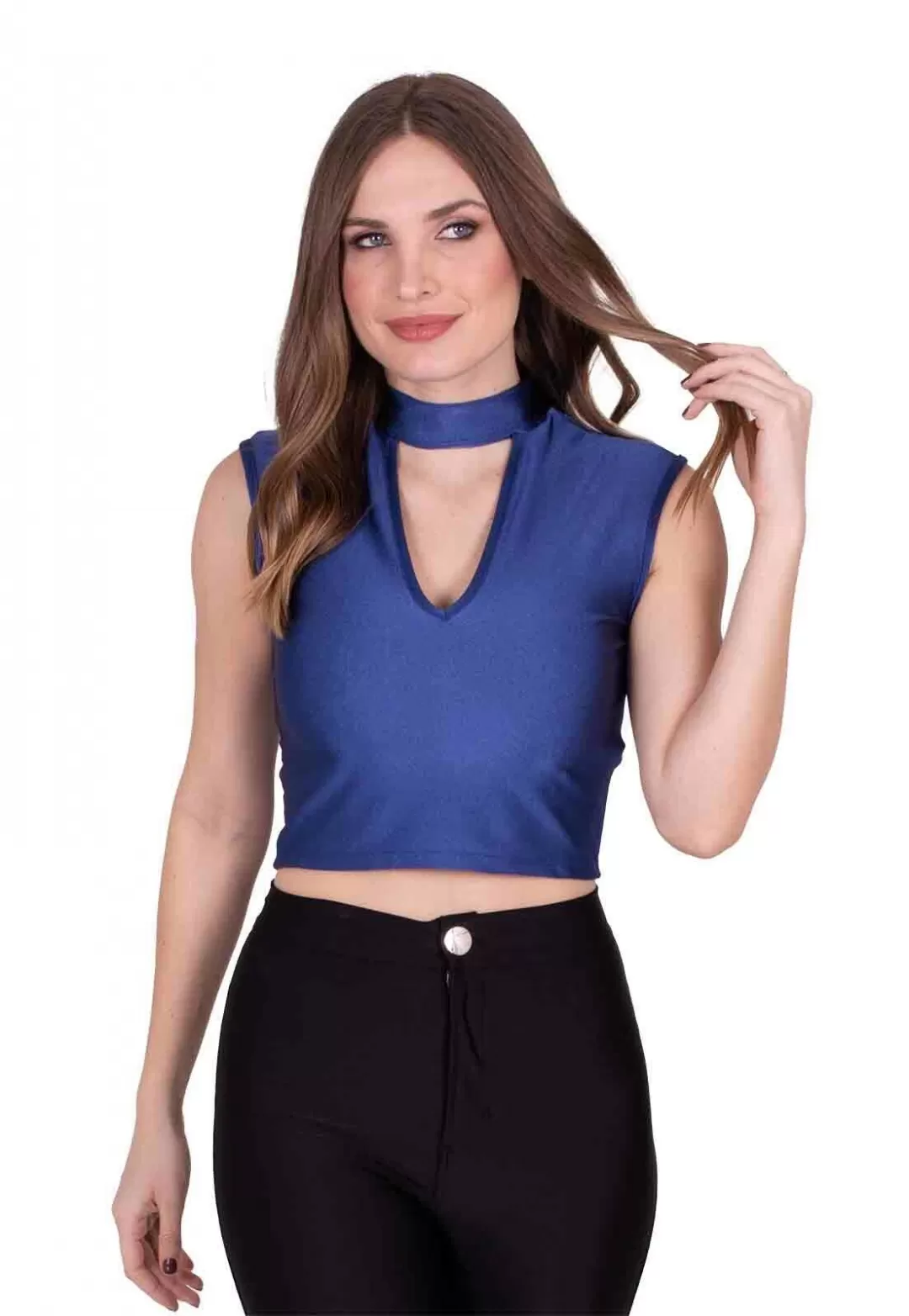 Miss Misses - Miss Misses Cirrê Shirt with Blue Choker Collar - 90157AZUL Miss Misses - Miss Misses Cirrê Shirt with Blue Choker Collar - 90157AZUL