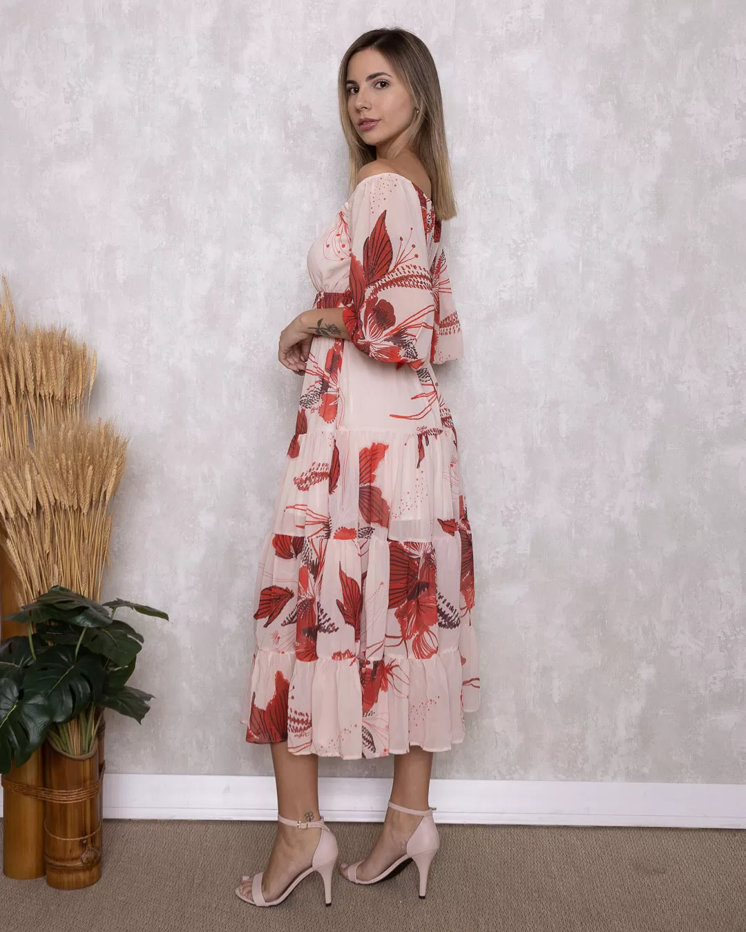 Oxigênio - Oxigênio Midi Dress Long Sleeve Red Print - 2110421VERMELHO Oxigênio - Oxigênio Midi Dress Long Sleeve Red Print - 2110421VERMELHO
