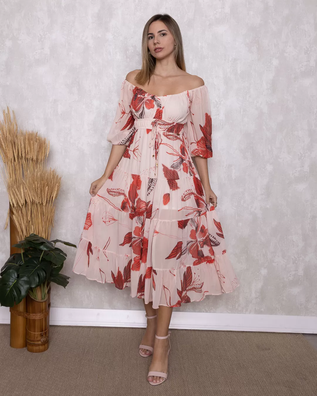 Oxigênio - Oxigênio Midi Dress Long Sleeve Red Print - 2110421VERMELHO Oxigênio - Oxigênio Midi Dress Long Sleeve Red Print - 2110421VERMELHO