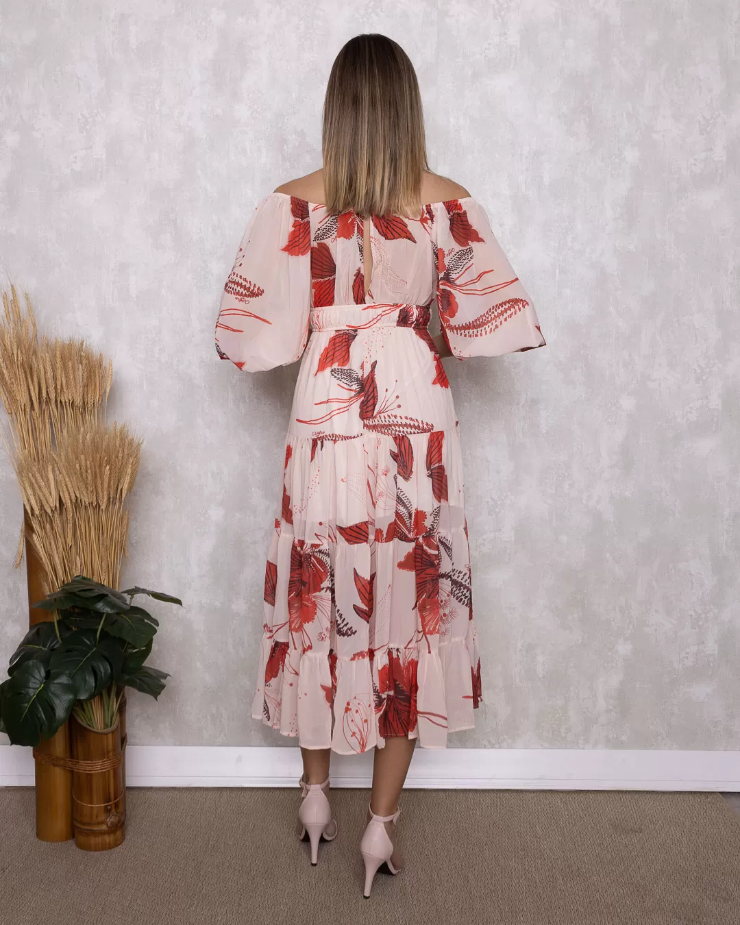Oxigênio - Oxigênio Midi Dress Long Sleeve Red Print - 2110421VERMELHO Oxigênio - Oxigênio Midi Dress Long Sleeve Red Print - 2110421VERMELHO