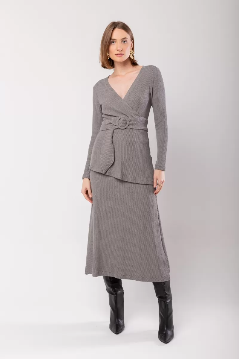 Hidrogênio - EVASE MIDI SKIRT AND BLOUSE SET WITH BELT GRAY - 20015030 Hidrogênio - EVASE MIDI SKIRT AND BLOUSE SET WITH BELT GRAY - 20015030