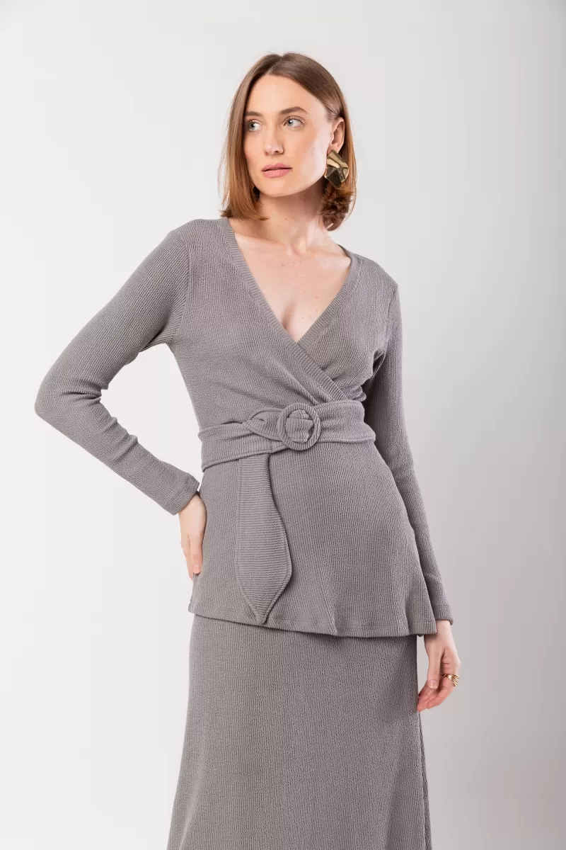 Hidrogênio - EVASE MIDI SKIRT AND BLOUSE SET WITH BELT GRAY - 20015030 Hidrogênio - EVASE MIDI SKIRT AND BLOUSE SET WITH BELT GRAY - 20015030