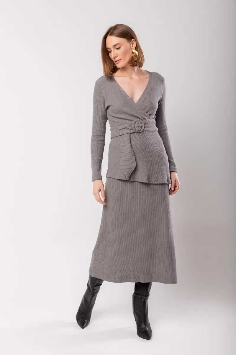 Hidrogênio - EVASE MIDI SKIRT AND BLOUSE SET WITH BELT GRAY - 20015030 Hidrogênio - EVASE MIDI SKIRT AND BLOUSE SET WITH BELT GRAY - 20015030