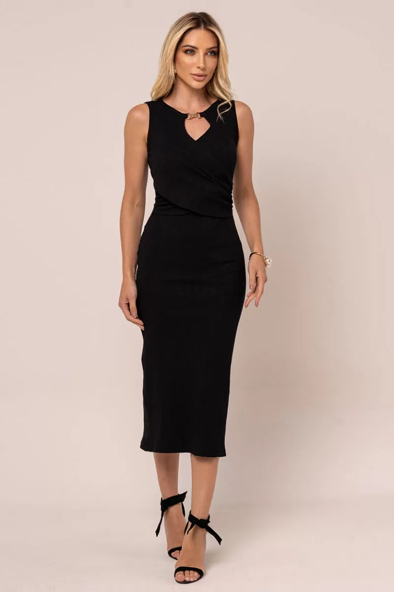 Miss Misses - Miss Misses Ribbed Midi Dress With Black Metal Detail - 54327PRETO Miss Misses - Miss Misses Ribbed Midi Dress With Black Metal Detail - 54327PRETO