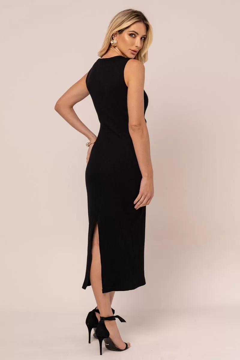 Miss Misses - Miss Misses Ribbed Midi Dress With Black Metal Detail - 54327PRETO Miss Misses - Miss Misses Ribbed Midi Dress With Black Metal Detail - 54327PRETO