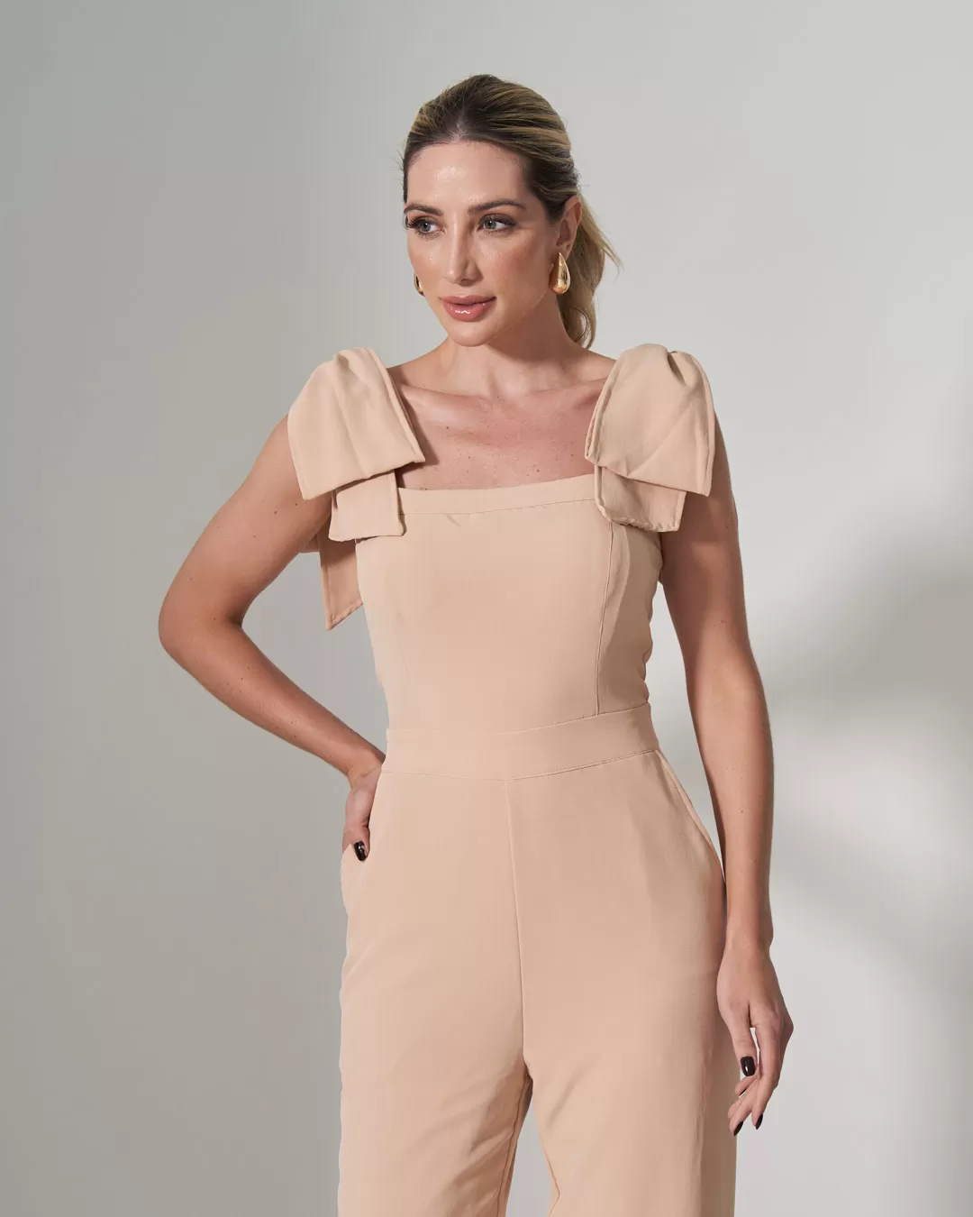 Miss Misses - Miss Misses Long Jumpsuit With Bow Shoulders Beige - 54173BEGE Miss Misses - Miss Misses Long Jumpsuit With Bow Shoulders Beige - 54173BEGE
