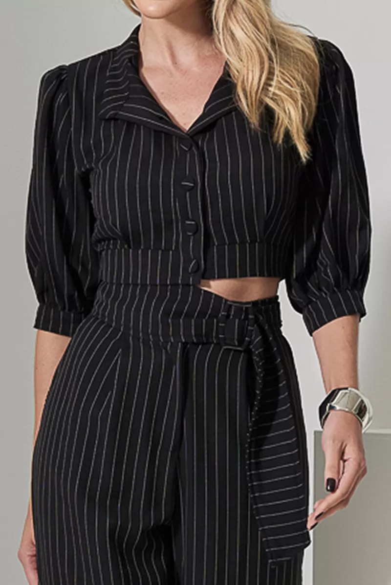 Miss Misses - Miss Misses Cropped Set and Black Pinstripe Pants - 80528PTO Miss Misses - Miss Misses Cropped Set and Black Pinstripe Pants - 80528PTO