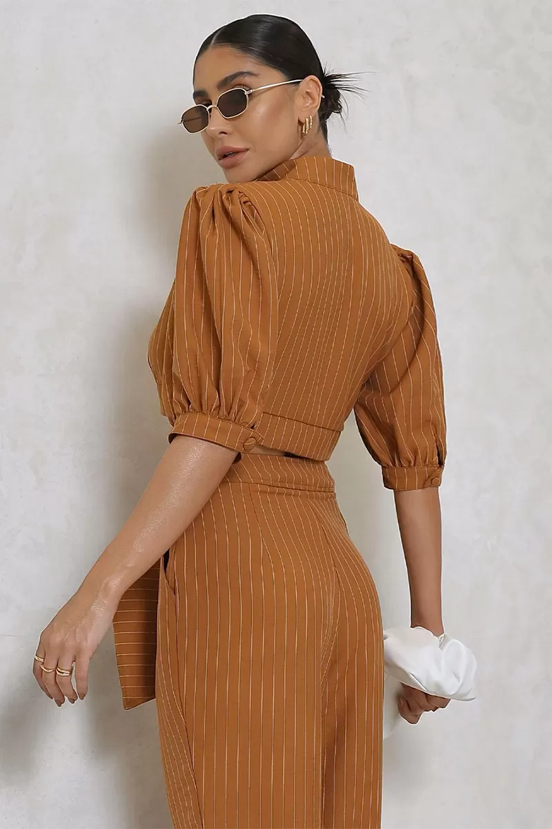 Miss Misses - Miss Misses Cropped Set and Caramel Pinstripe Pants - 80528CAR Miss Misses - Miss Misses Cropped Set and Caramel Pinstripe Pants - 80528CAR