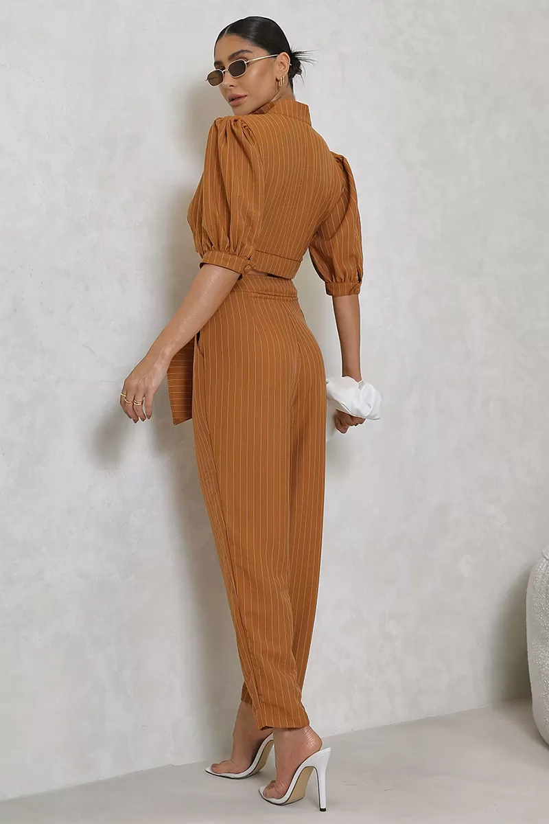 Miss Misses - Miss Misses Cropped Set and Caramel Pinstripe Pants - 80528CAR Miss Misses - Miss Misses Cropped Set and Caramel Pinstripe Pants - 80528CAR