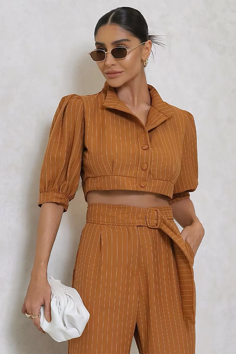 Miss Misses - Miss Misses Cropped Set and Caramel Pinstripe Pants - 80528CAR Miss Misses - Miss Misses Cropped Set and Caramel Pinstripe Pants - 80528CAR