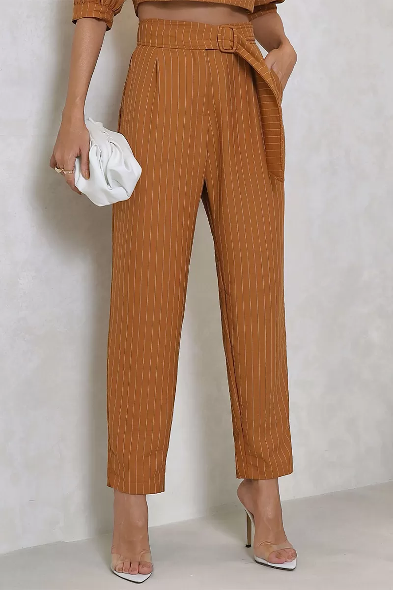 Miss Misses - Miss Misses Cropped Set and Caramel Pinstripe Pants - 80528CAR Miss Misses - Miss Misses Cropped Set and Caramel Pinstripe Pants - 80528CAR