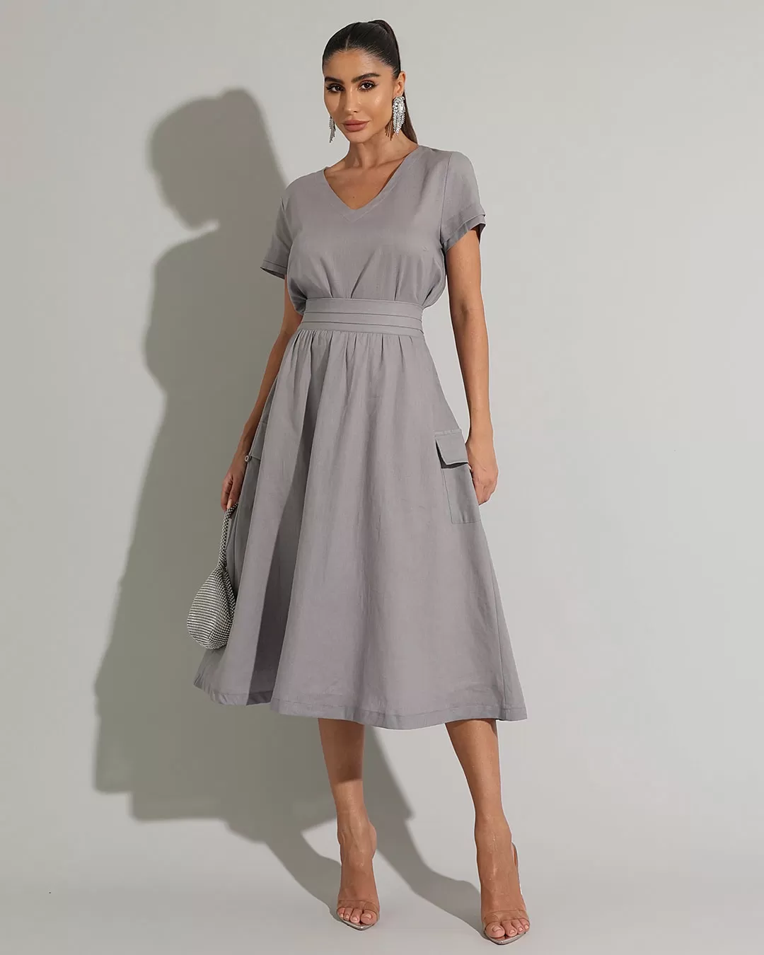 Miss Misses - Set Miss Misses Shirt and Skirt Midi Linen Lead - 54238CINZA Miss Misses - Set Miss Misses Shirt and Skirt Midi Linen Lead - 54238CINZA