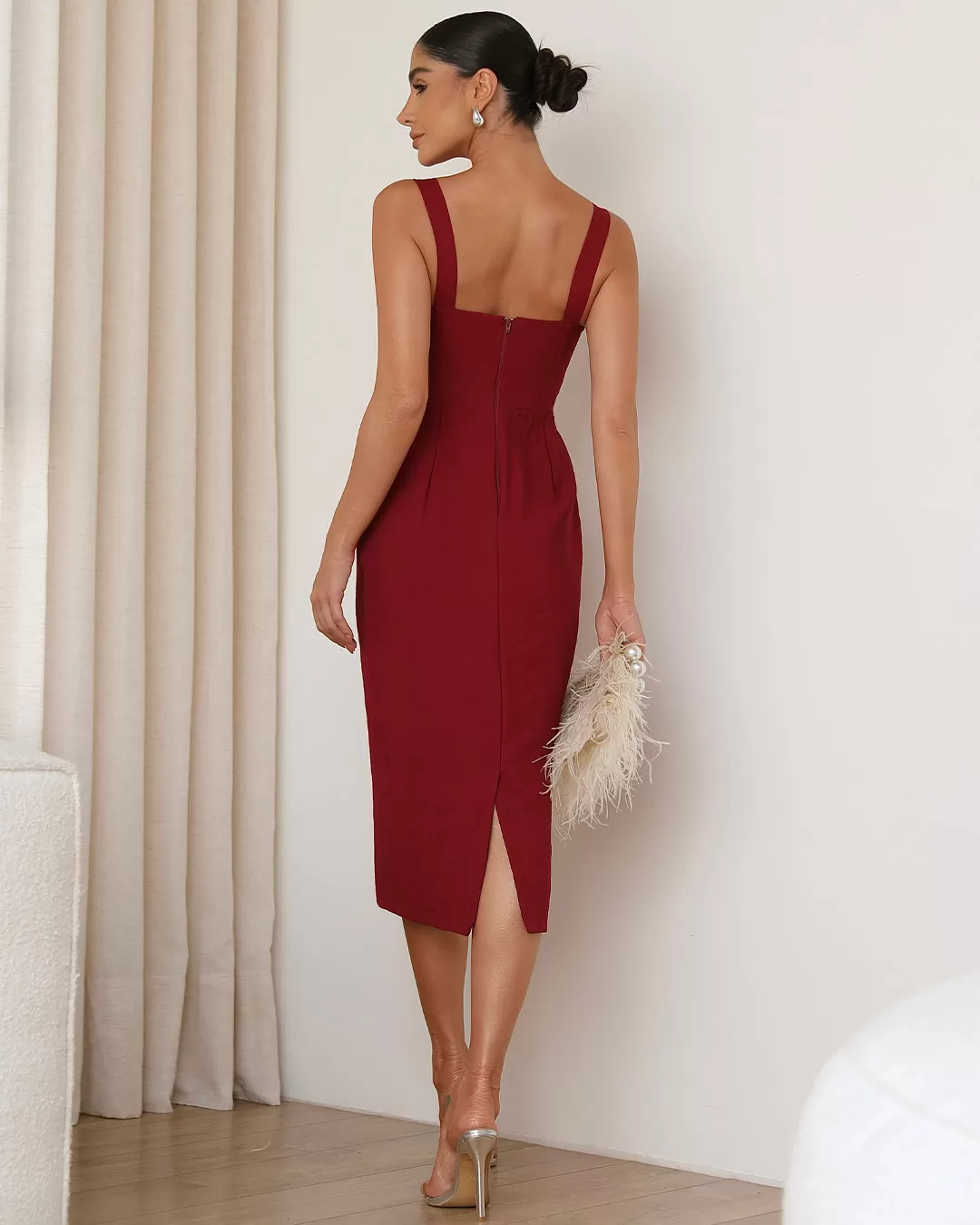 Miss Misses - Miss Misses Midi Dress With Bulge Top Twisted Neckline Burgundy - 80530BORDO Miss Misses - Miss Misses Midi Dress With Bulge Top Twisted Neckline Burgundy - 80530BORDO