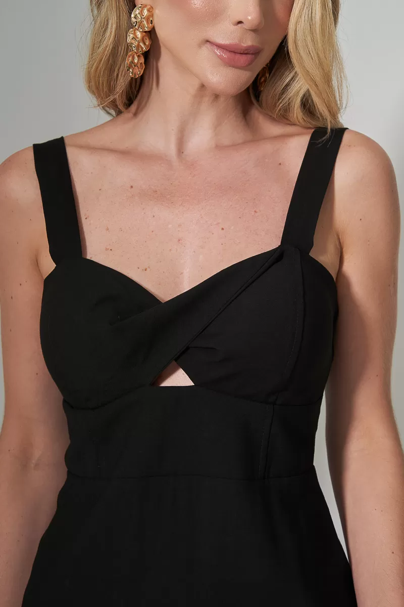 Miss Misses - Miss Misses Midi Dress With Bulge Top Twisted Neckline Black - 80530PRETO Miss Misses - Miss Misses Midi Dress With Bulge Top Twisted Neckline Black - 80530PRETO