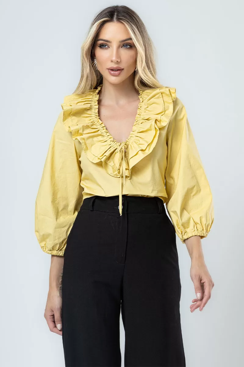 Miss Misses - Valentina Long Sleeve Shirt with Yellow Frill - 54356003 Miss Misses - Valentina Long Sleeve Shirt with Yellow Frill - 54356003