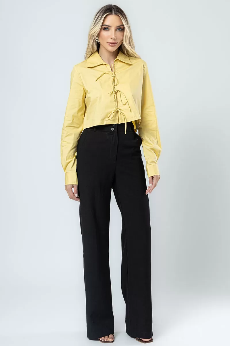 Miss Misses - Olivia Long Sleeve Shirt with Tie Front Yellow - 54361AMA Miss Misses - Olivia Long Sleeve Shirt with Tie Front Yellow - 54361AMA