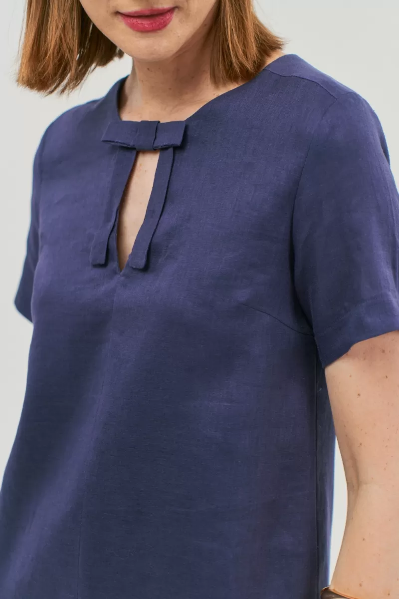 Hidrogênio - SHORT FLARE DRESS WITH BOW IN 100% NAVY LINEN - 20066004 Hidrogênio - SHORT FLARE DRESS WITH BOW IN 100% NAVY LINEN - 20066004