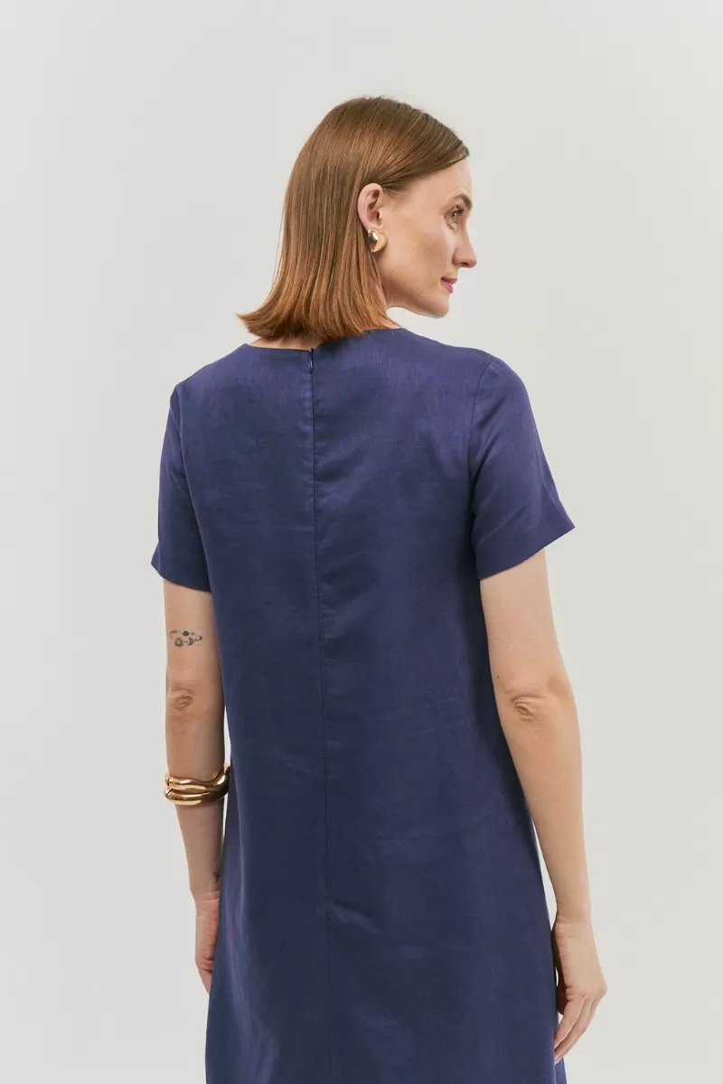 Hidrogênio - SHORT FLARE DRESS WITH BOW IN 100% NAVY LINEN - 20066004 Hidrogênio - SHORT FLARE DRESS WITH BOW IN 100% NAVY LINEN - 20066004