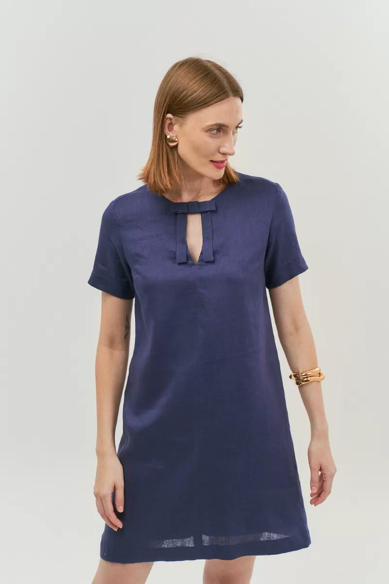 Hidrogênio - SHORT FLARE DRESS WITH BOW IN 100% NAVY LINEN - 20066004 Hidrogênio - SHORT FLARE DRESS WITH BOW IN 100% NAVY LINEN - 20066004