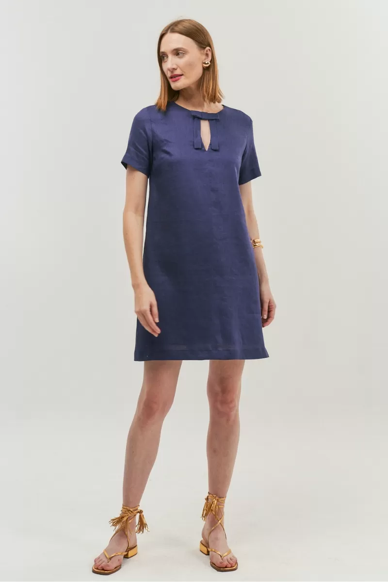 Hidrogênio - SHORT FLARE DRESS WITH BOW IN 100% NAVY LINEN - 20066004 Hidrogênio - SHORT FLARE DRESS WITH BOW IN 100% NAVY LINEN - 20066004