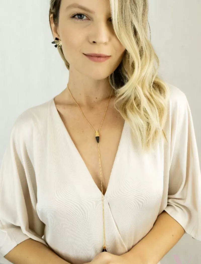 Mikabe - Black Druse and Obsidian Bow Tie Necklace - MK1821 Mikabe - Black Druse and Obsidian Bow Tie Necklace - MK1821