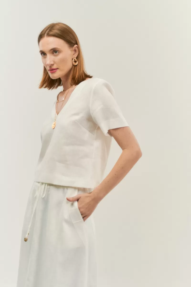 Hidrogênio - V-NECK SHORT SLEEVE LINEN BLOUSE 100% OFF WHITE - 20086018 Hidrogênio - V-NECK SHORT SLEEVE LINEN BLOUSE 100% OFF WHITE - 20086018