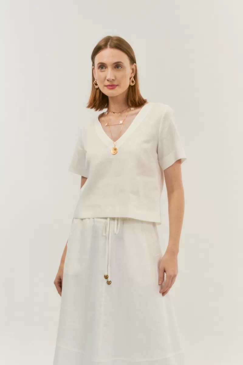 Hidrogênio - V-NECK SHORT SLEEVE LINEN BLOUSE 100% OFF WHITE - 20086018 Hidrogênio - V-NECK SHORT SLEEVE LINEN BLOUSE 100% OFF WHITE - 20086018