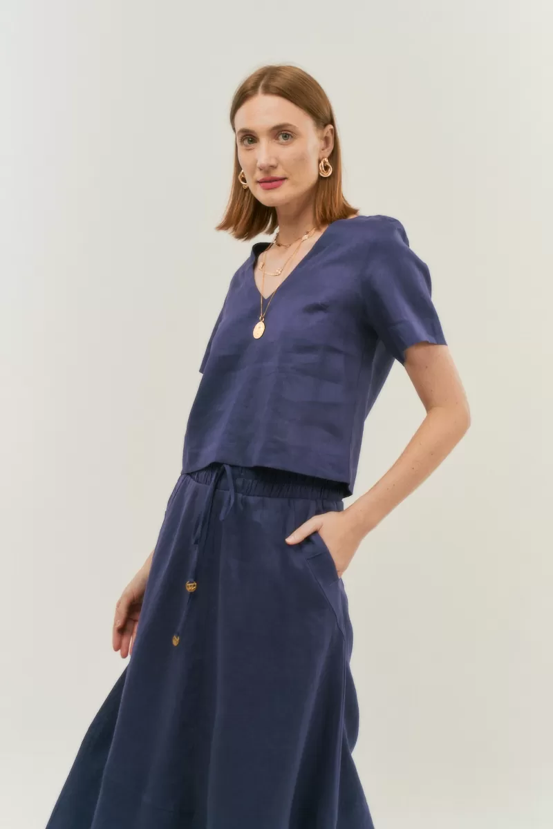 Hidrogênio - V-NECK SHORT SLEEVE LINEN BLOUSE 100% NAVY - 20086004 Hidrogênio - V-NECK SHORT SLEEVE LINEN BLOUSE 100% NAVY - 20086004