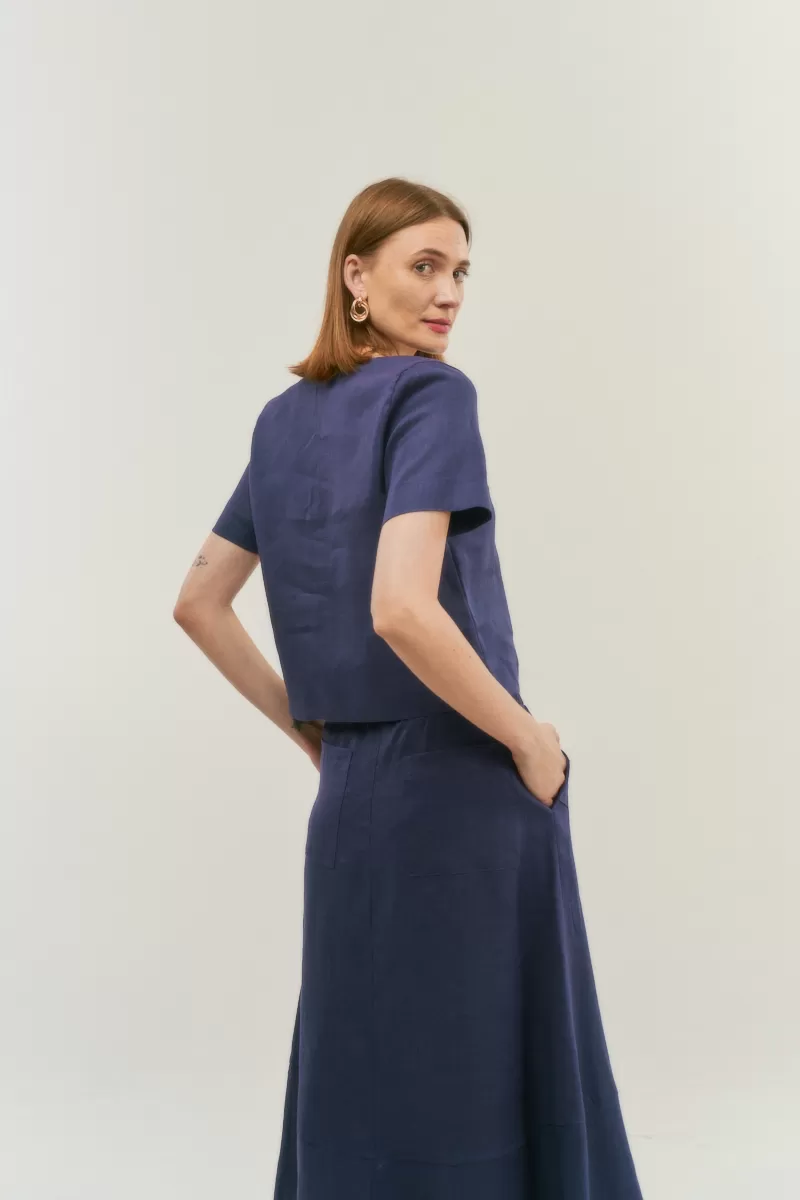 Hidrogênio - V-NECK SHORT SLEEVE LINEN BLOUSE 100% NAVY - 20086004 Hidrogênio - V-NECK SHORT SLEEVE LINEN BLOUSE 100% NAVY - 20086004