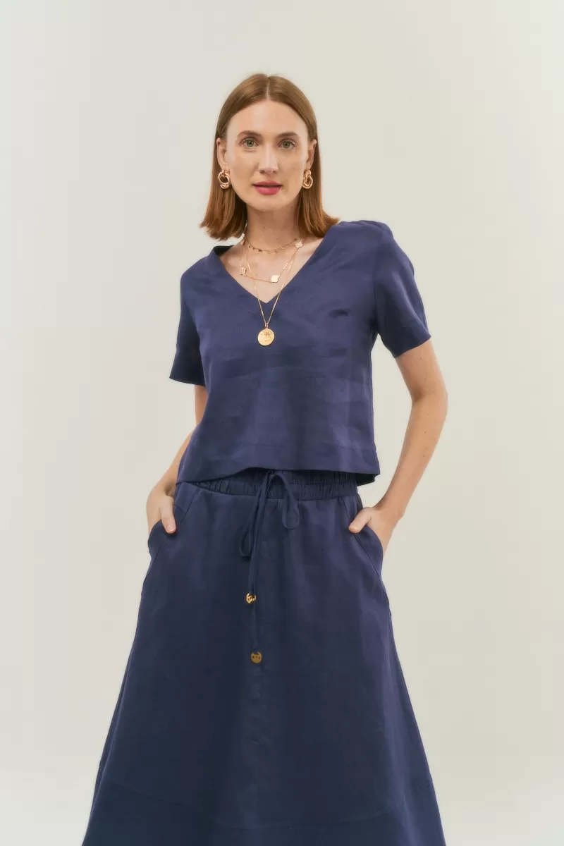 Hidrogênio - V-NECK SHORT SLEEVE LINEN BLOUSE 100% NAVY - 20086004 Hidrogênio - V-NECK SHORT SLEEVE LINEN BLOUSE 100% NAVY - 20086004