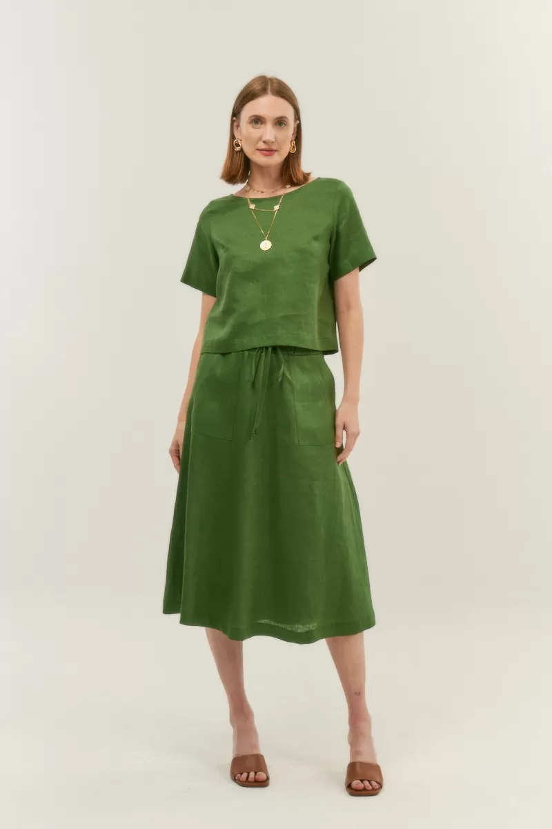 Hidrogênio - 100% GREEN LINEN MIDI FLARE SKIRT - 19800009 Hidrogênio - 100% GREEN LINEN MIDI FLARE SKIRT - 19800009