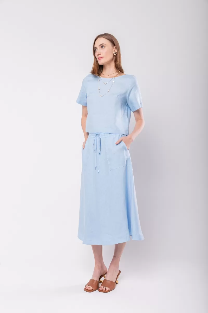 Hidrogênio - 100% BABY BLUE LINEN MIDI FLARE SKIRT - 19800111 Hidrogênio - 100% BABY BLUE LINEN MIDI FLARE SKIRT - 19800111