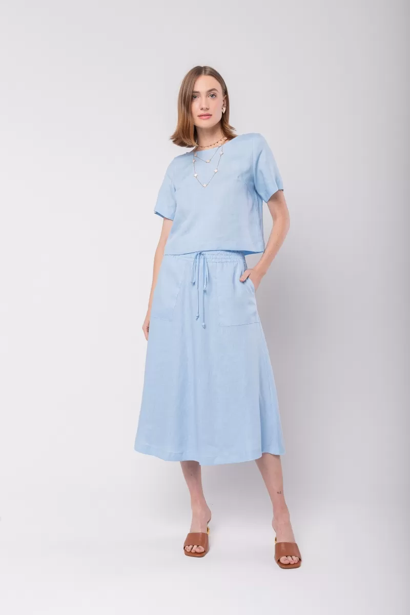 Hidrogênio - 100% BABY BLUE LINEN MIDI FLARE SKIRT - 19800111 Hidrogênio - 100% BABY BLUE LINEN MIDI FLARE SKIRT - 19800111