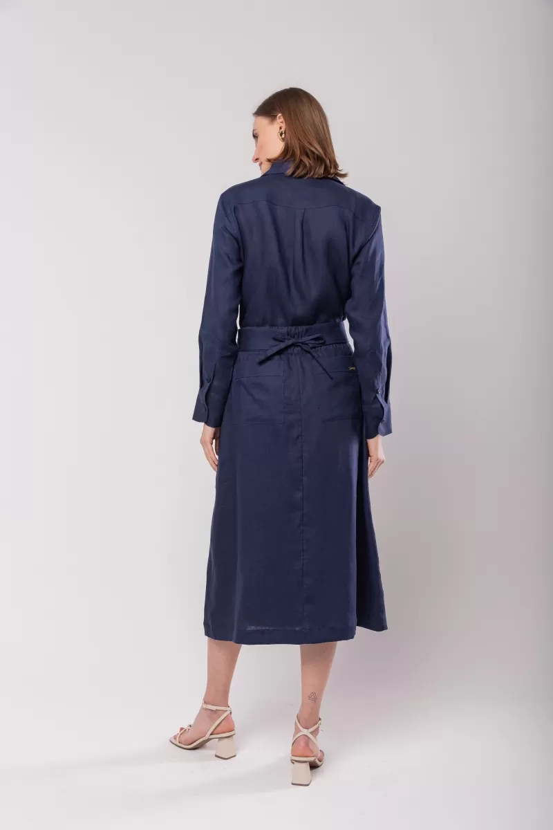 Hidrogênio - MIDI SKIRT WITH BOW BELT 100% NAVY LINEN - 20098004 Hidrogênio - MIDI SKIRT WITH BOW BELT 100% NAVY LINEN - 20098004