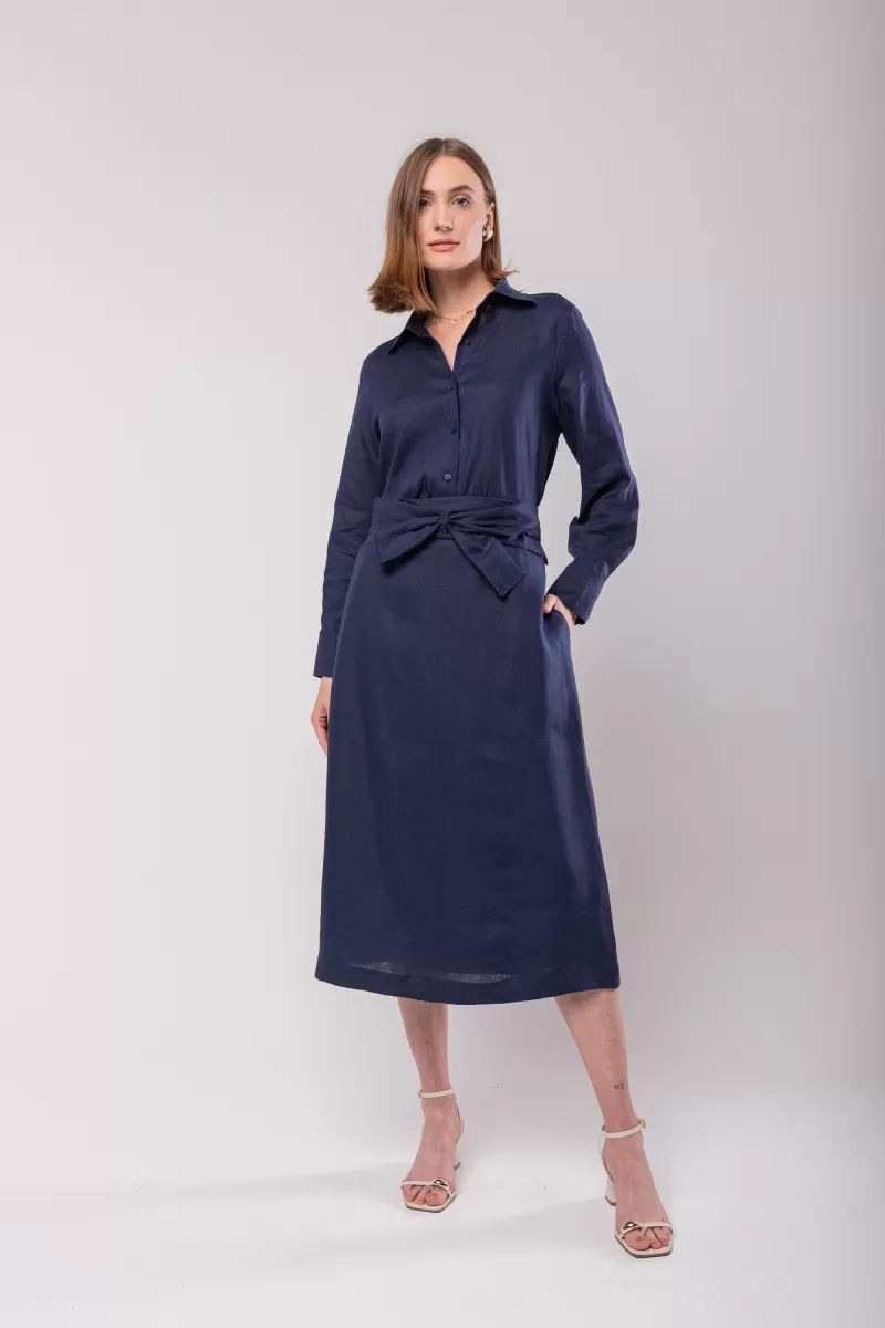 Hidrogênio - MIDI SKIRT WITH BOW BELT 100% NAVY LINEN - 20098004 Hidrogênio - MIDI SKIRT WITH BOW BELT 100% NAVY LINEN - 20098004
