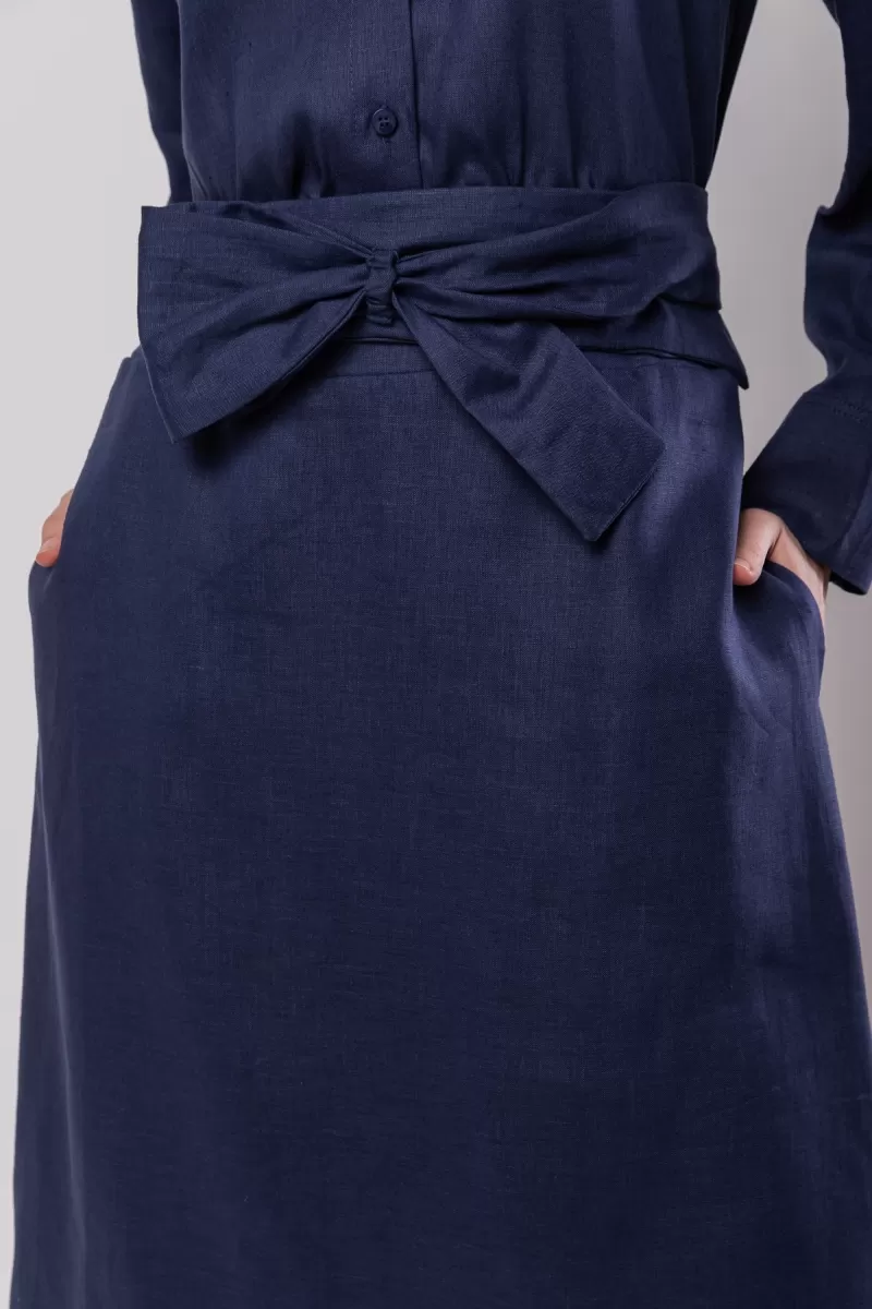 Hidrogênio - MIDI SKIRT WITH BOW BELT 100% NAVY LINEN - 20098004 Hidrogênio - MIDI SKIRT WITH BOW BELT 100% NAVY LINEN - 20098004