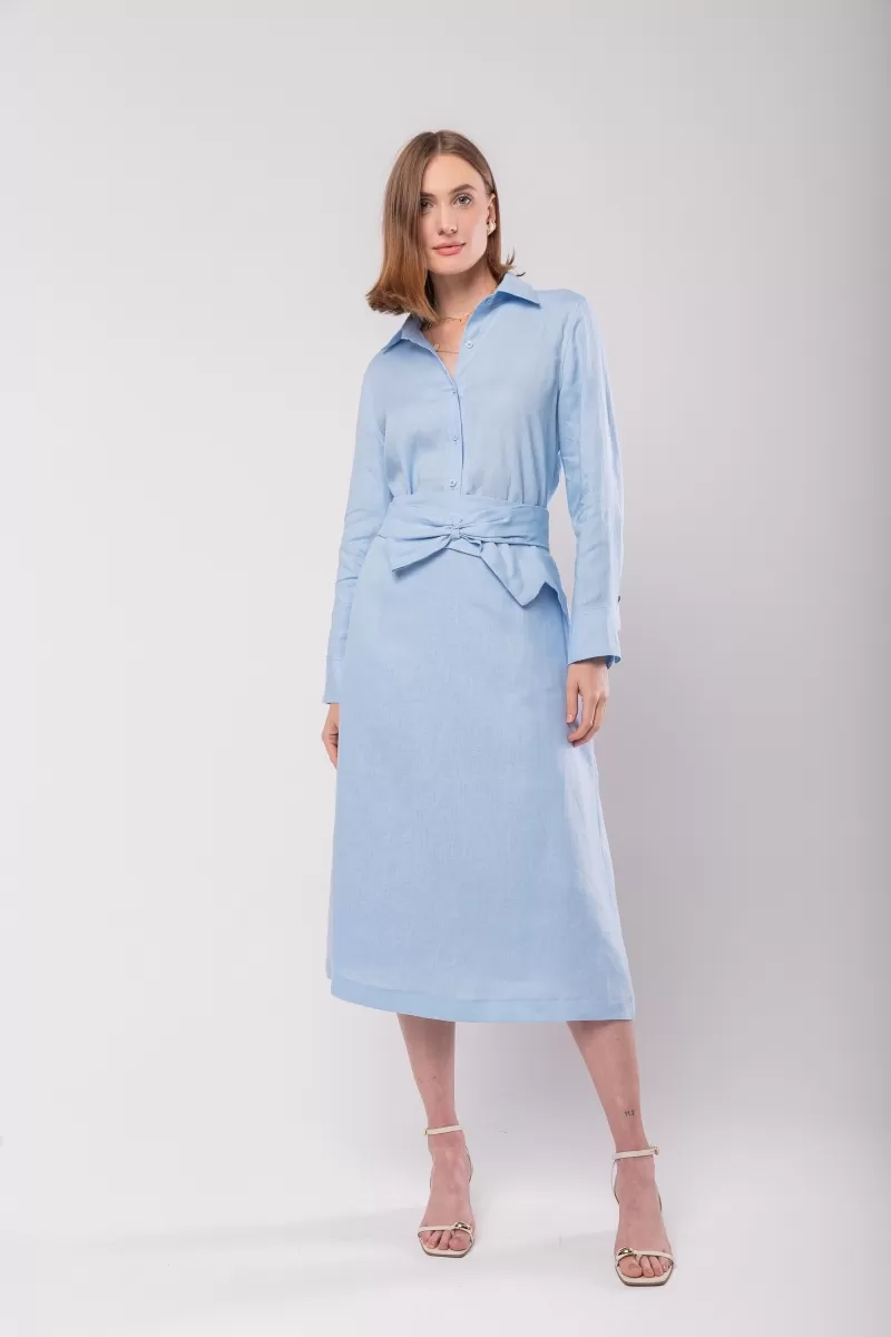 Hidrogênio - MIDI SKIRT WITH BOW BELT 100% BABY BLUE LINEN - 20098111 Hidrogênio - MIDI SKIRT WITH BOW BELT 100% BABY BLUE LINEN - 20098111