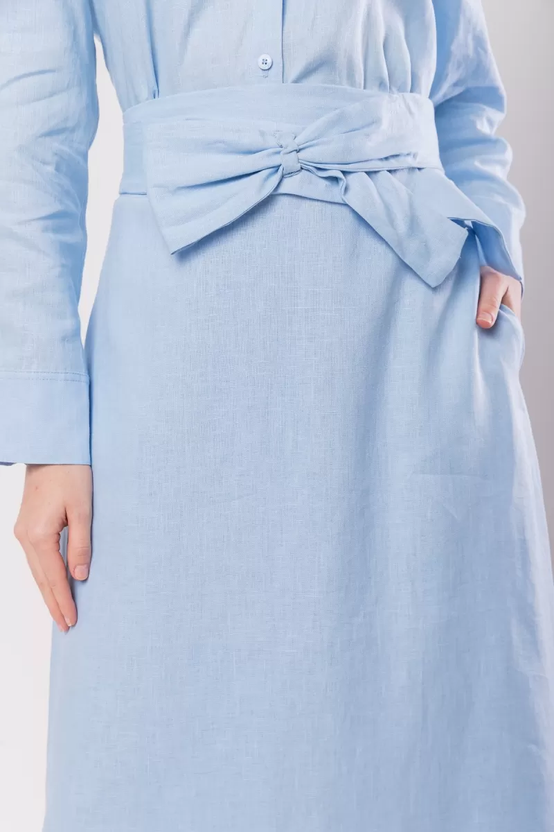 Hidrogênio - MIDI SKIRT WITH BOW BELT 100% BABY BLUE LINEN - 20098111 Hidrogênio - MIDI SKIRT WITH BOW BELT 100% BABY BLUE LINEN - 20098111