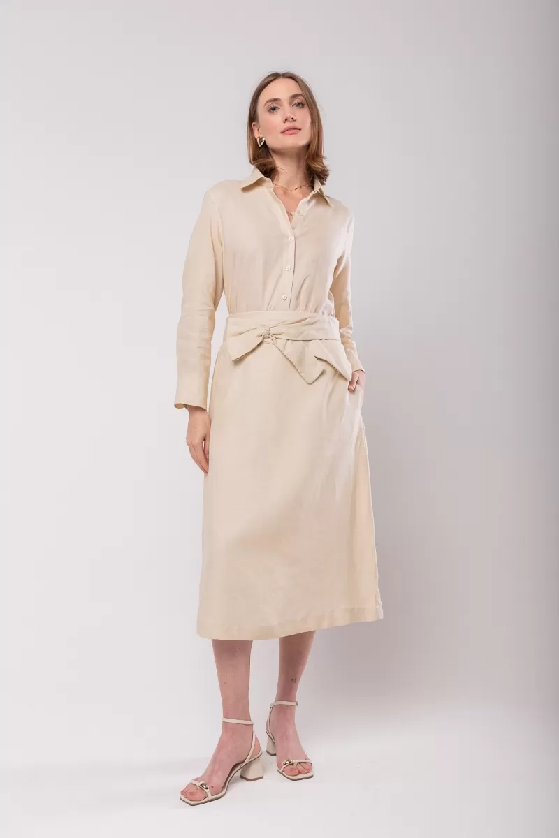 Hidrogênio - MIDI SKIRT WITH BOW BELT 100% CREAM LINEN - 20098016 Hidrogênio - MIDI SKIRT WITH BOW BELT 100% CREAM LINEN - 20098016