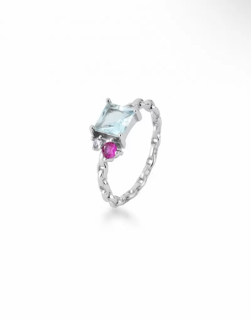 Mikabe - 925 Silver Ring Blue and Pink Crystal - T 18 - MK1942