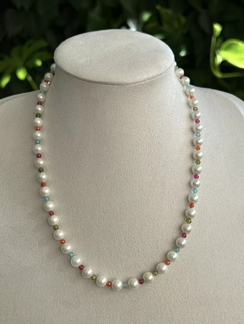 Mikabe - Shell Pearl and Rainbow Zirconia Necklace - MK1951 Mikabe - Shell Pearl and Rainbow Zirconia Necklace - MK1951