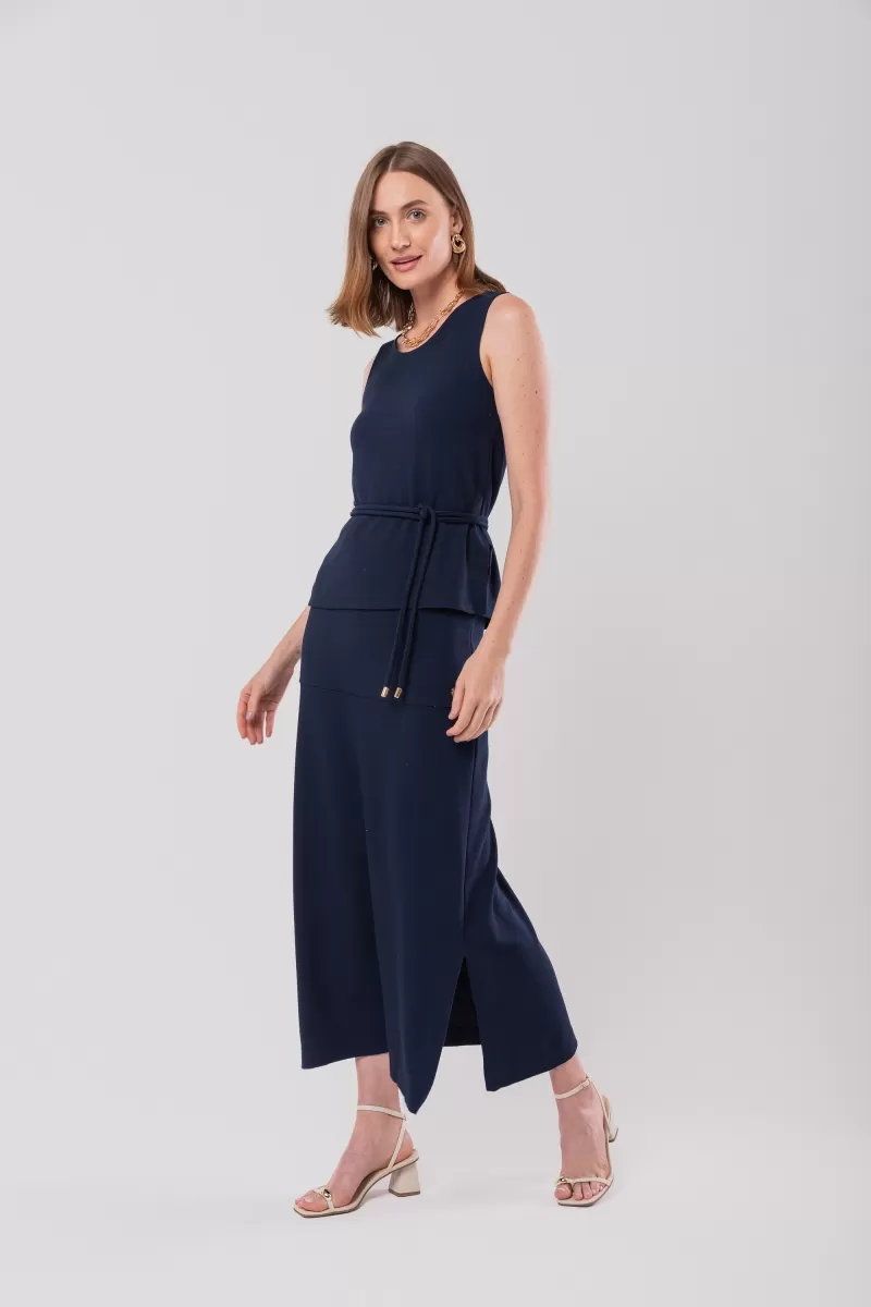 Hidrogênio - NAVY CREPE KNITTED MIDI SKIRT WITH SLITS - 20165004 Hidrogênio - NAVY CREPE KNITTED MIDI SKIRT WITH SLITS - 20165004