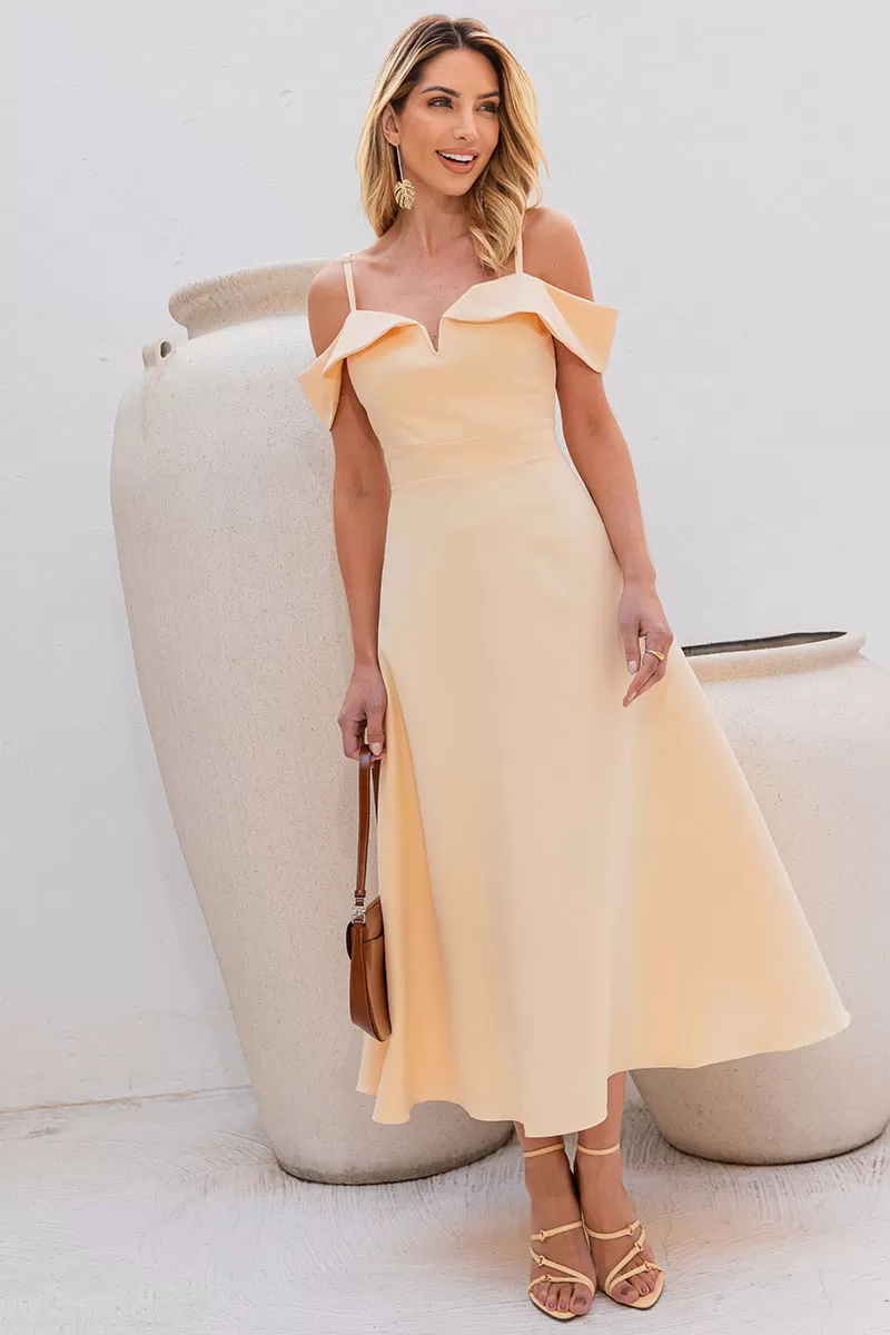 Miss Misses - Miss Misses Flavia Off-the-Shoulder Yellow Dress - 54294AMA Miss Misses - Miss Misses Flavia Off-the-Shoulder Yellow Dress - 54294AMA