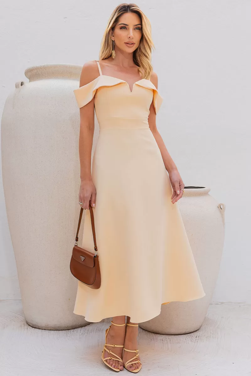 Miss Misses - Miss Misses Flavia Off-the-Shoulder Yellow Dress - 54294AMA Miss Misses - Miss Misses Flavia Off-the-Shoulder Yellow Dress - 54294AMA